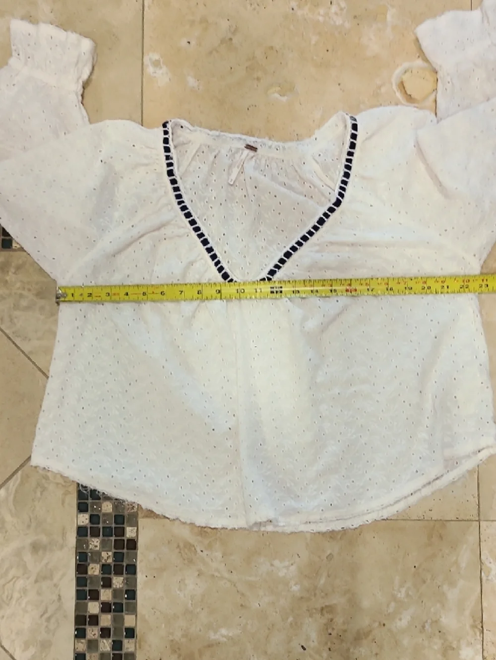 Free People Cream Eyelet Peasant Top with Navy Trim